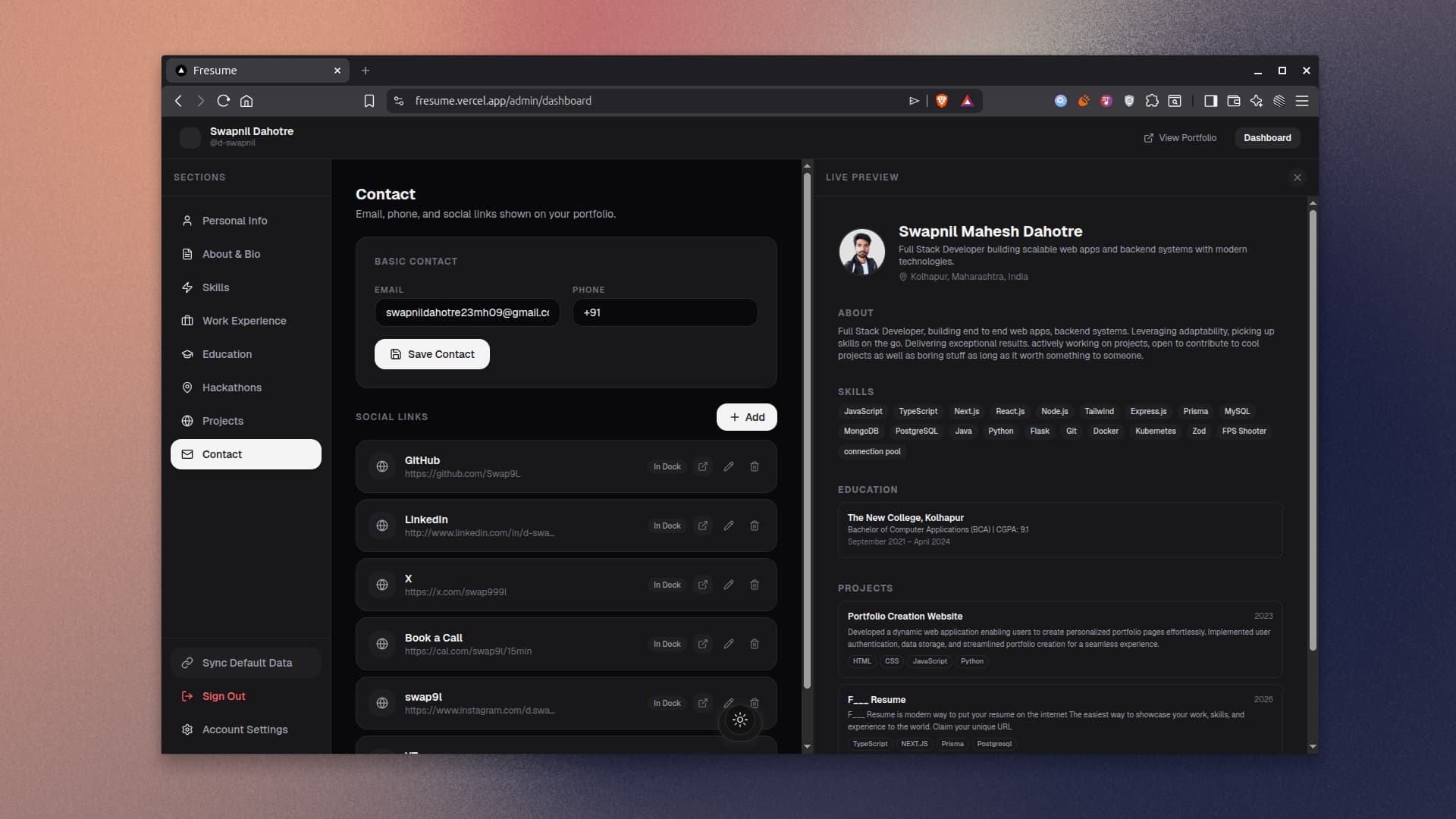 F___resume Contact & Social Links Dashboard