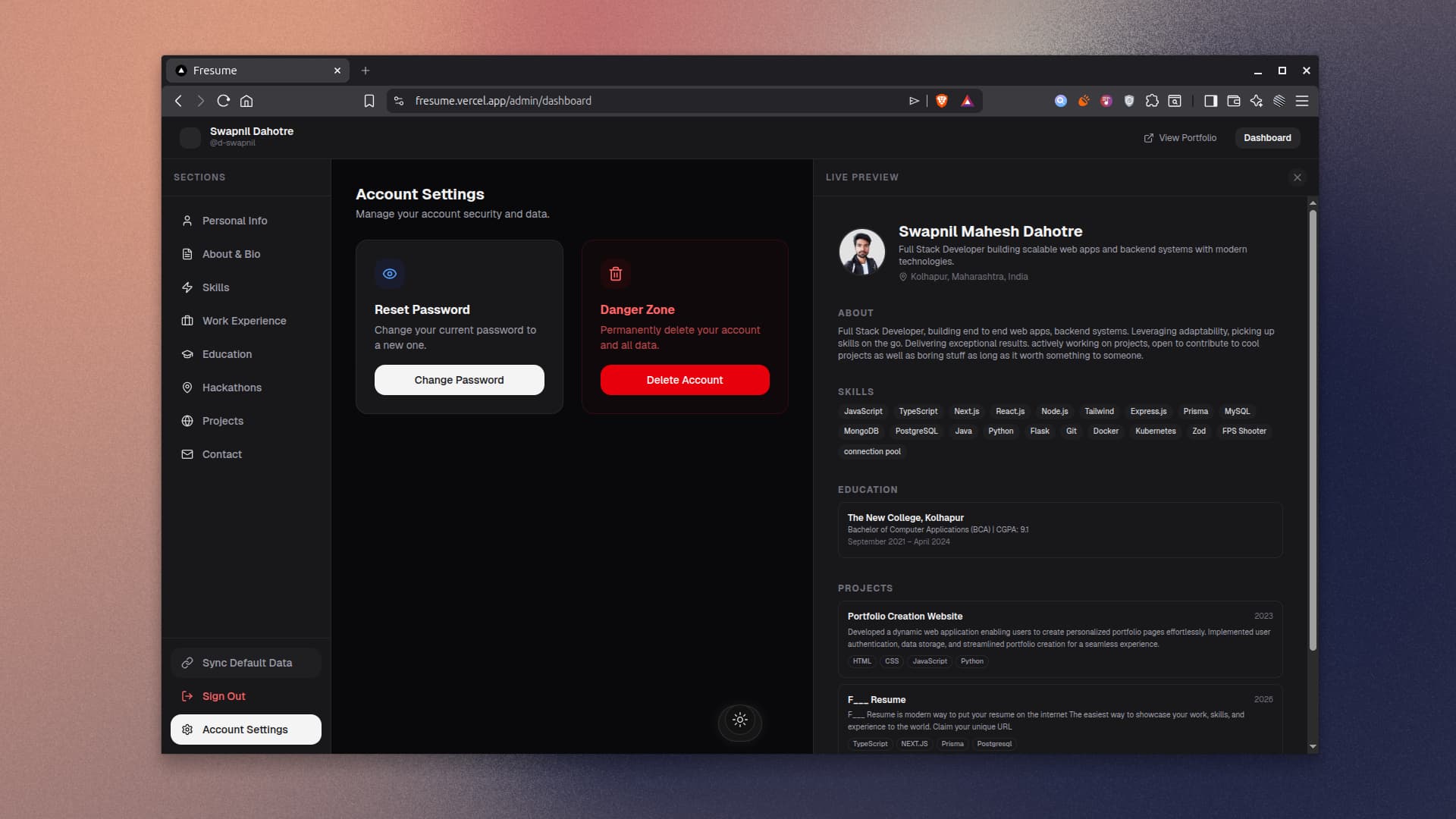 F___resume Account Settings & Security Dashboard